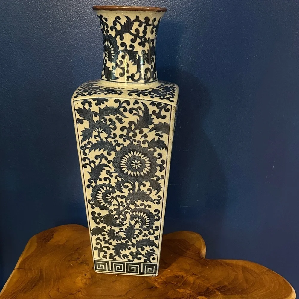 Vintage Takahashi Japanese Blue Floral Vase - Greek Key Design along Base 14”